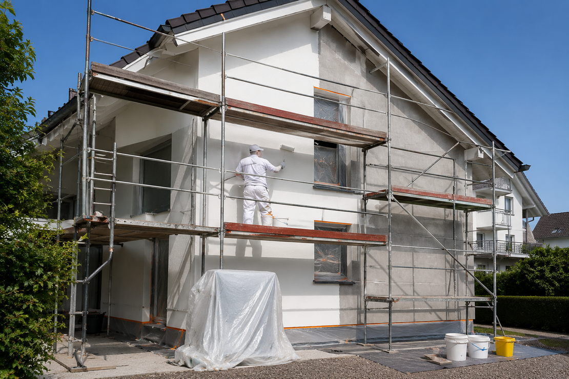 Frisch gestrichene Hausfassade in maritimen Farbtönen