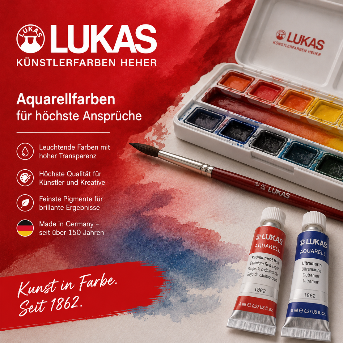 Aquarellfarbkasten mit Wasser und Pinsel
