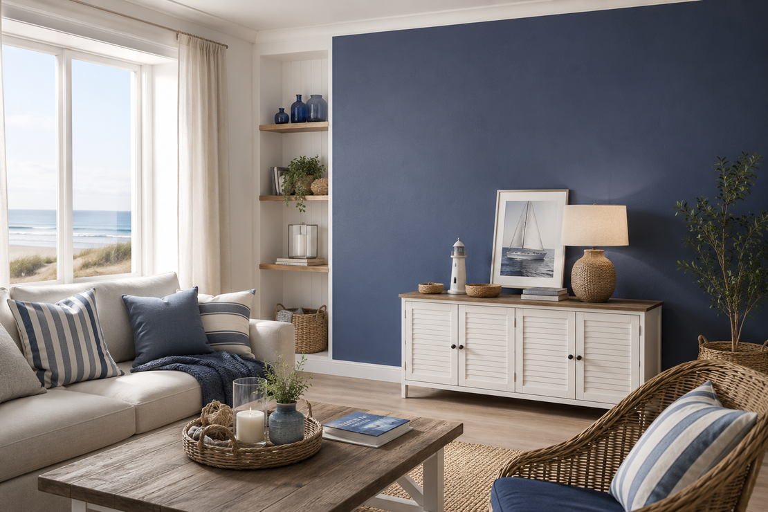 Nordsee-Ferienwohnung mit freundlichem Farbkonzept und Bildern an der Wand