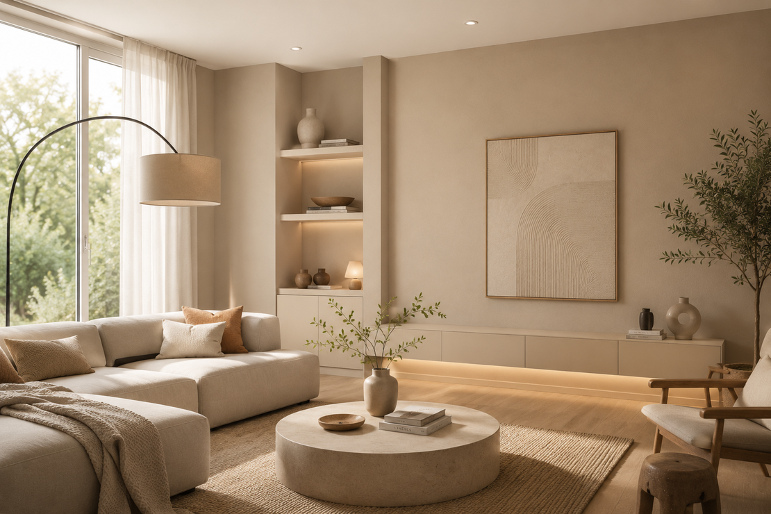 Modernes Wohnzimmer mit sandfarben gestrichener Akzentwand