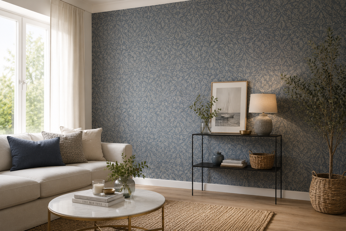 Modernes Wohnzimmer mit blau gestrichener Akzentwand